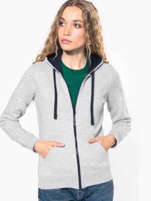 K467 - Sweat-shirt zippé capuche contrastée femme