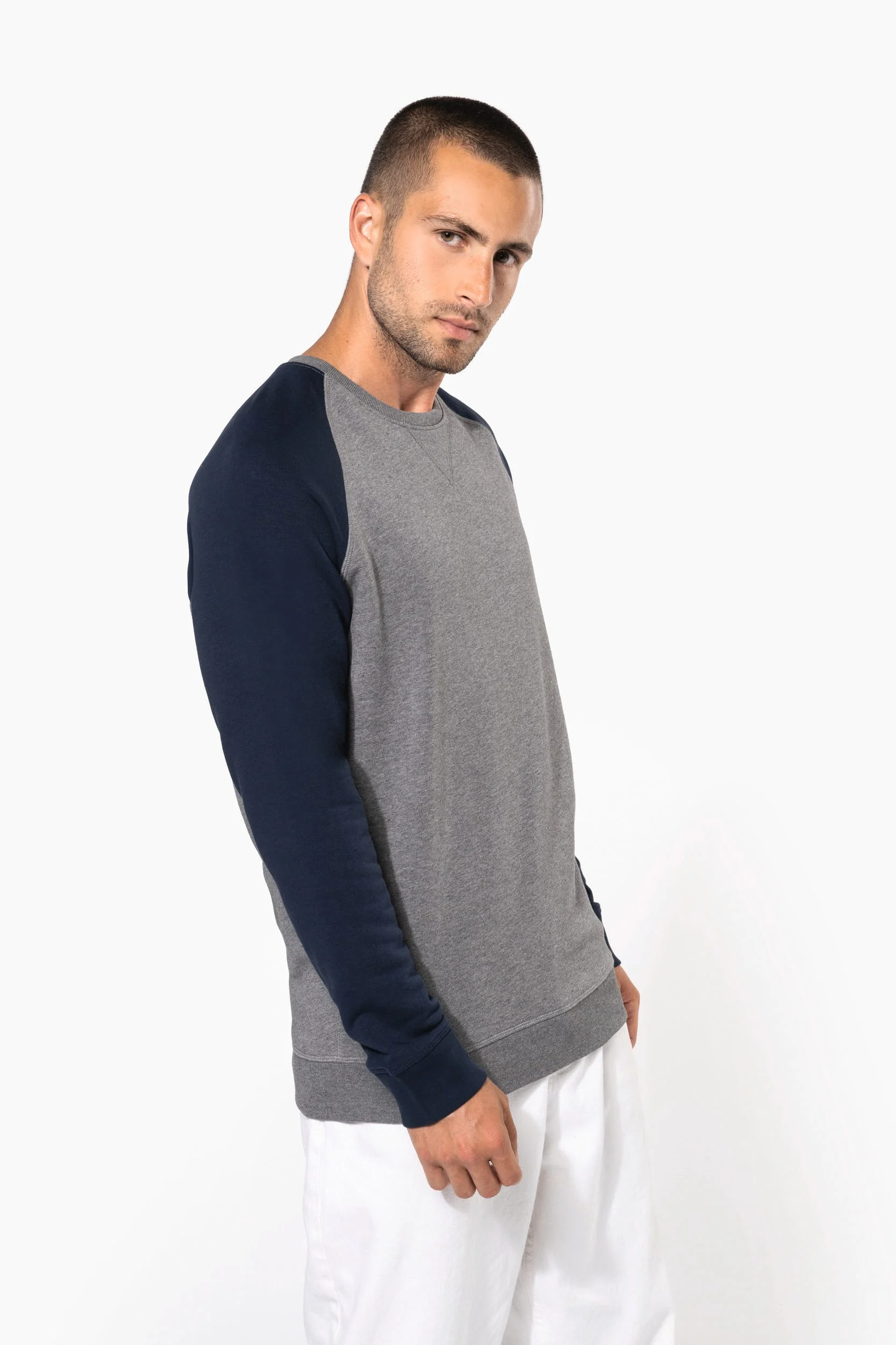 K491 - Sweat-shirt French Terry Bio bicolore col rond manches raglan homme – Image 8