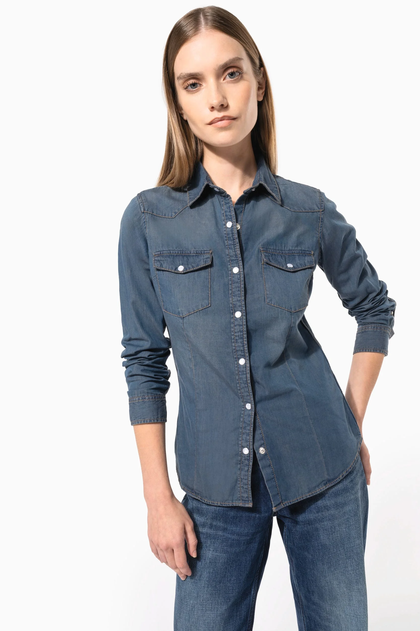 K518 - Chemise denim manches longues femme