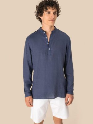 SP507 - Chemise à col Mao délavée  en lin homme