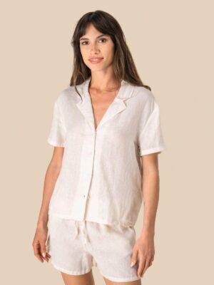 SP523 - Chemise à col bowling manches courtes en lin femme
