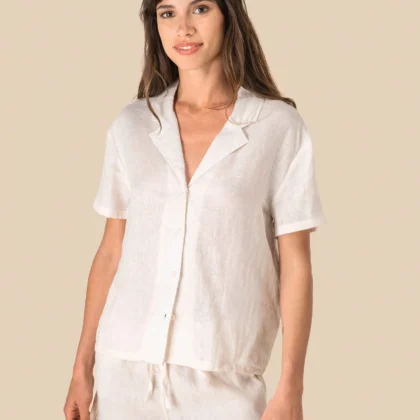 SP523 - Chemise à col bowling manches courtes en lin femme