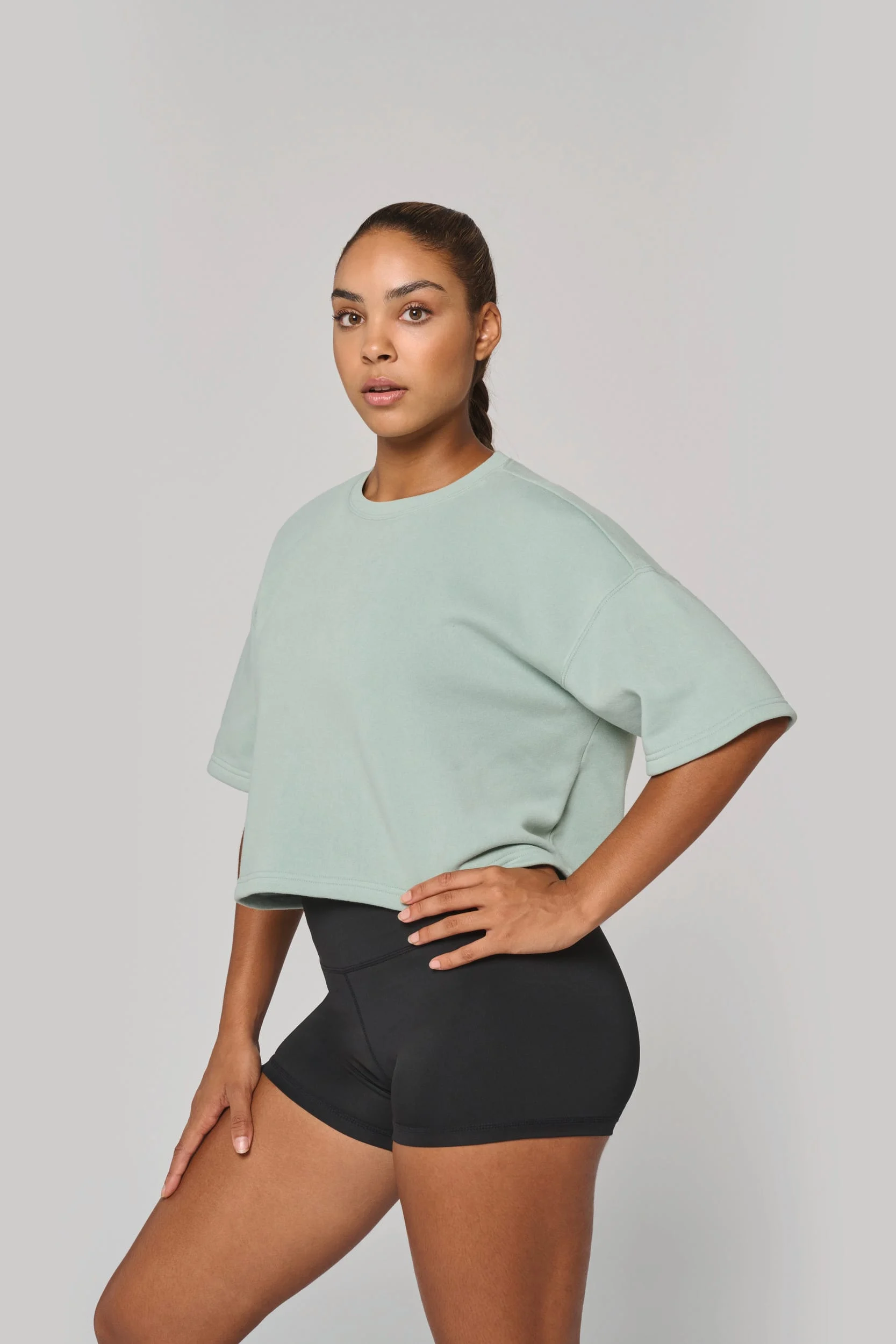 PA394 - Sweat-shirt crop à manches courtes col rond femme