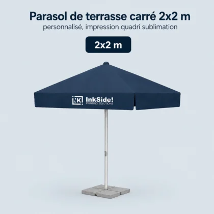 Parasol de terrasse carré 2x2 m personnalisé, impression quadri sublimation