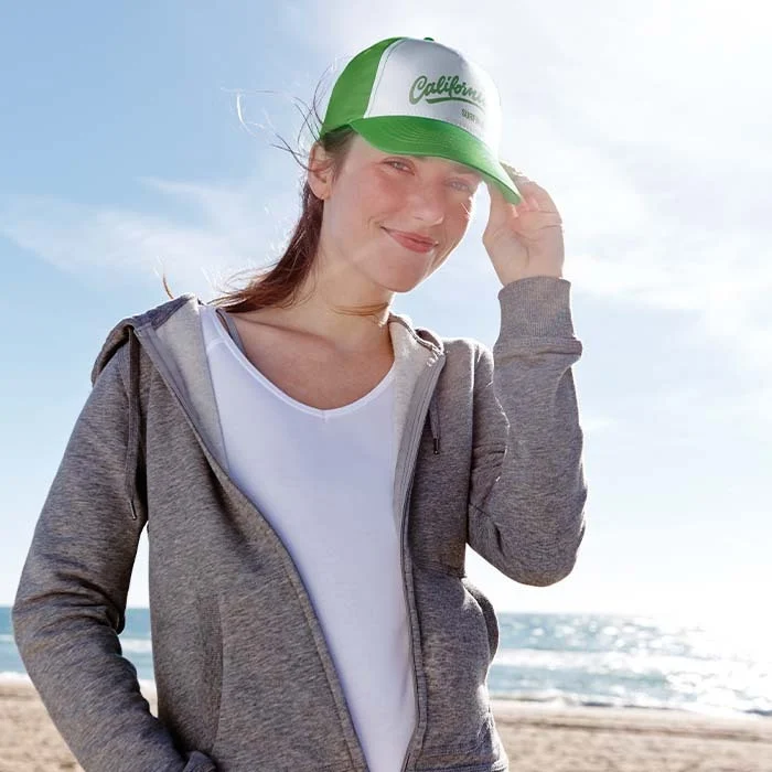 MH2201 - Casquette trucker 5 panneaux en mousse. Profil haut (9cm).