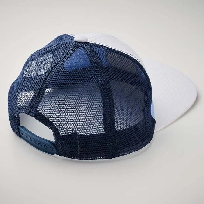 MH2208 - Casquette à visière plate à 7 panneaux en sergé de coton avec maille à l'arrière. Casquette à visière plate en sergé de coton 260gsm avec dos en maille. Mélangez et jouez avec les couleurs du dos en