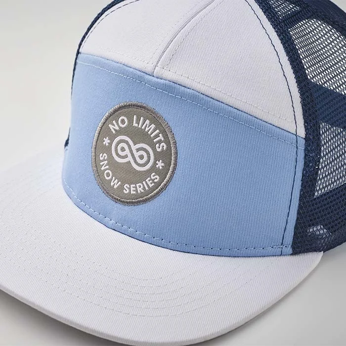 MH2208 - Casquette à visière plate à 7 panneaux en sergé de coton avec maille à l'arrière. Casquette à visière plate en sergé de coton 260gsm avec dos en maille. Mélangez et jouez avec les couleurs du dos en